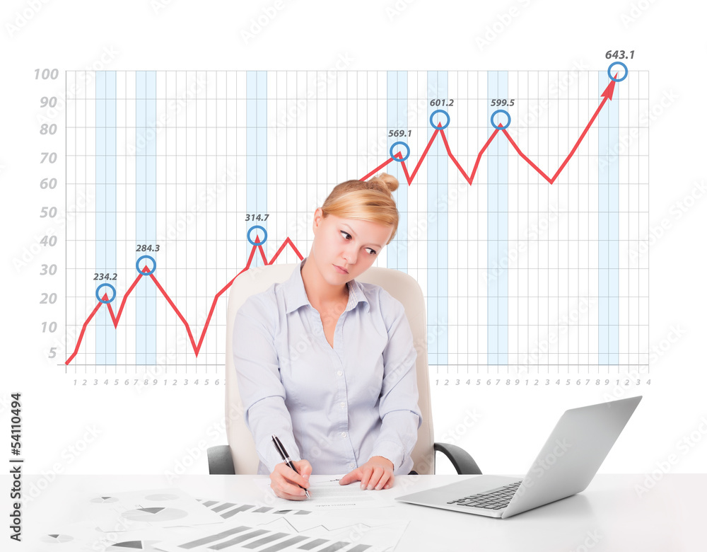 Young businesswoman calculating stock market with rising graph i Young businesswoman calculating stock market with rising graph i