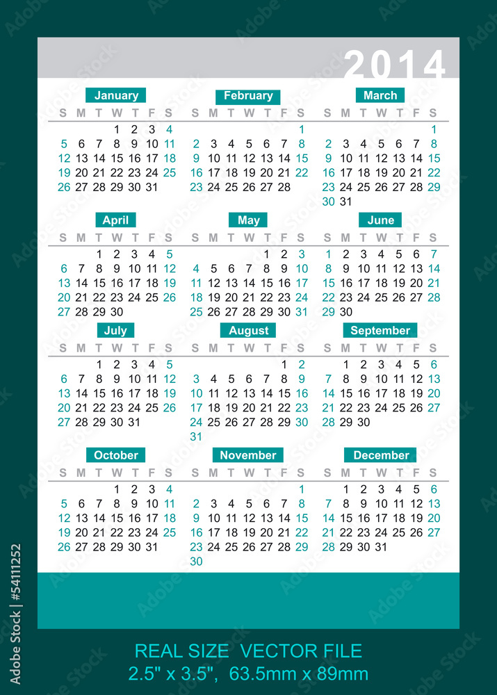 Pocket Calendar 14 Vector Size 2 5 X 3 5 63 5mm X mm Stock Vector Adobe Stock