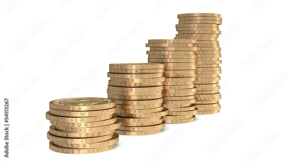 Diagram of golden dollar coins on white Diagram of golden dollar coins on white