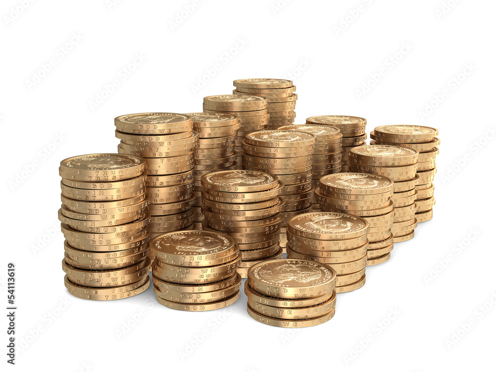 Different stacks of coins on white Different stacks of coins on white
