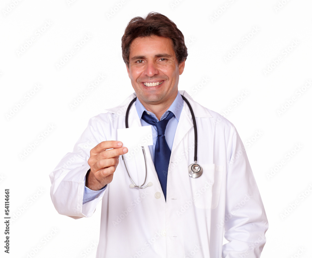 Professional doctor holding blank business card