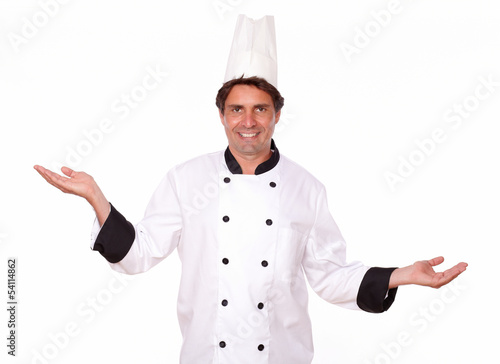 Professional chef standing with palms out