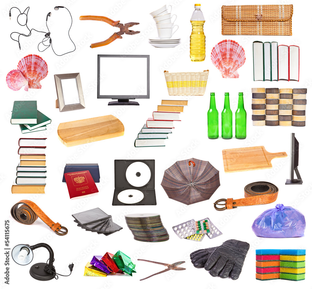 Set of different household objects on a white background