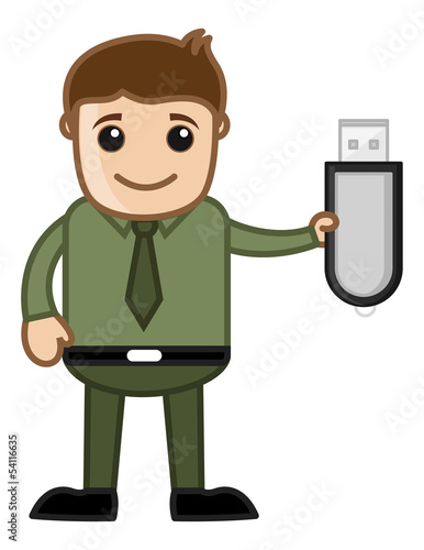 Man Showing Pen Drive - Dongle - Data Card - Vector Illustration