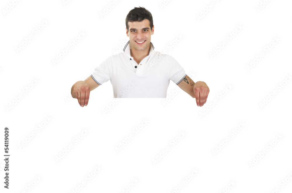 Happy young man showing and displaying placard Happy young man showing and displaying placard