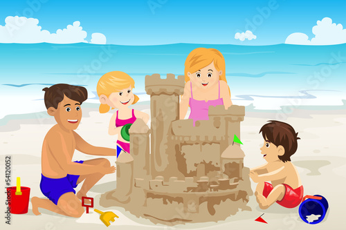 Family building sand castle