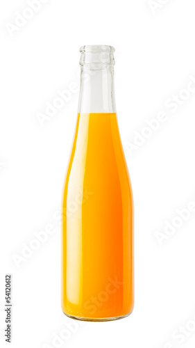Open orange juice bottle isolated on white background