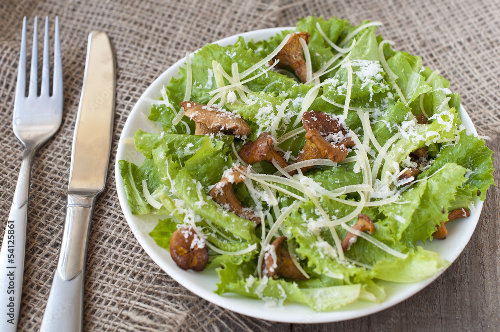 salad with mushrooms (chanterelles), parmesan, lettuce salad with mushrooms (chanterelles), parmesan, lettuce