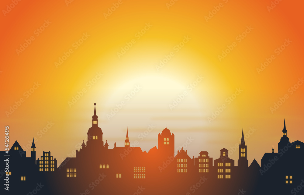 Eine Altstadtkulisse im Sonnenuntergang – Vektor Eine Altstadtkulisse im Sonnenuntergang – Vektor