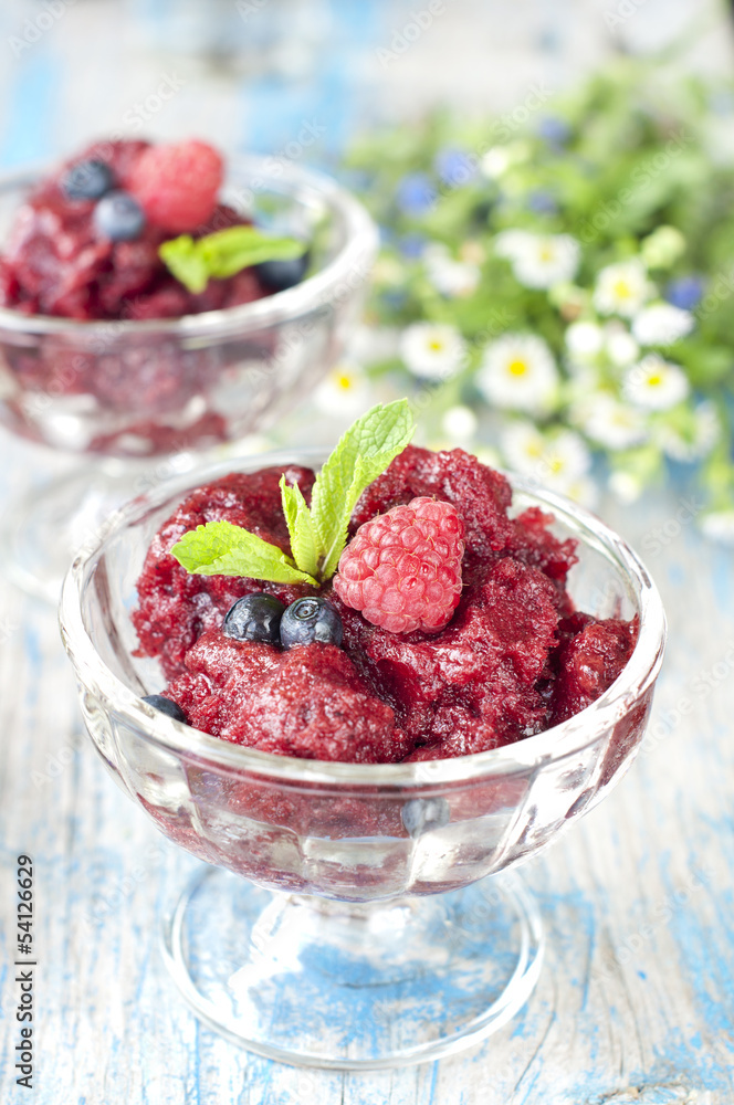 fresh raspberry granita and mint (blueberry, berries). fresh raspberry granita and mint (blueberry, berries).