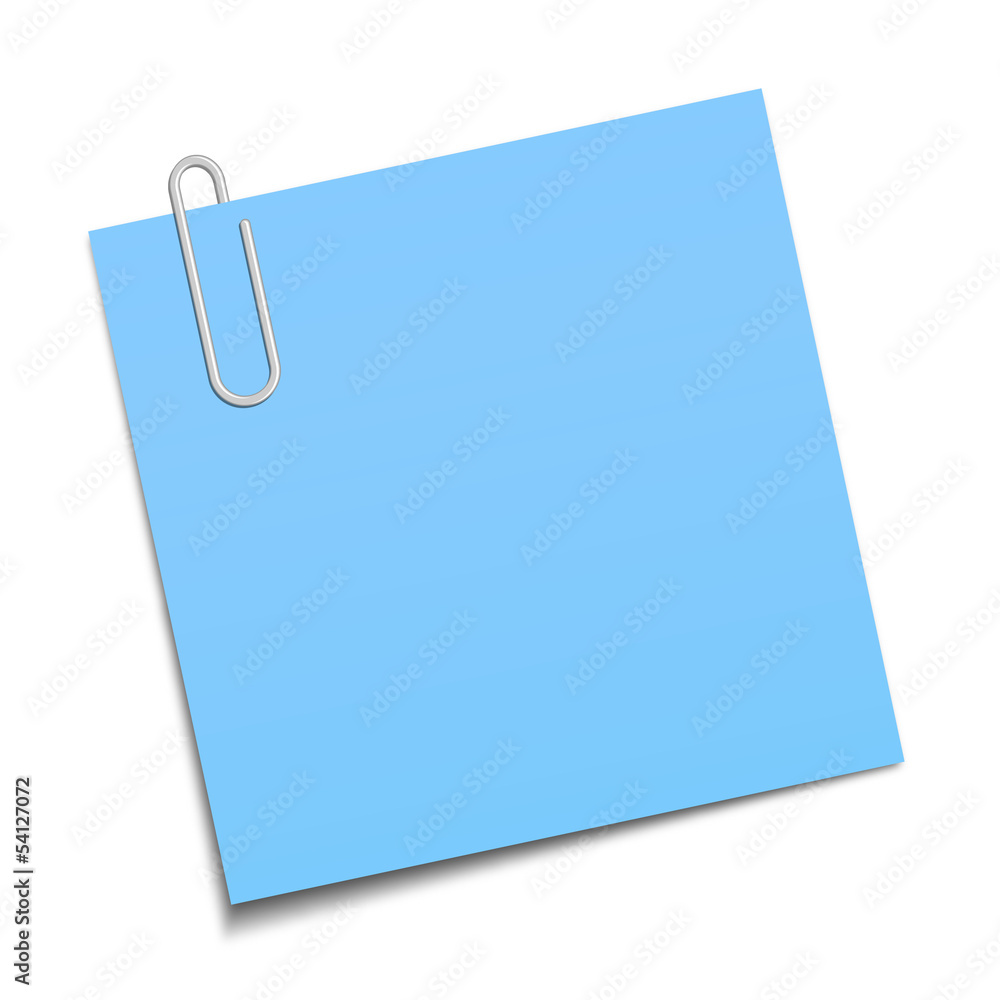 Blue sticky note clipped with a paperclip Blue sticky note clipped with a paperclip
