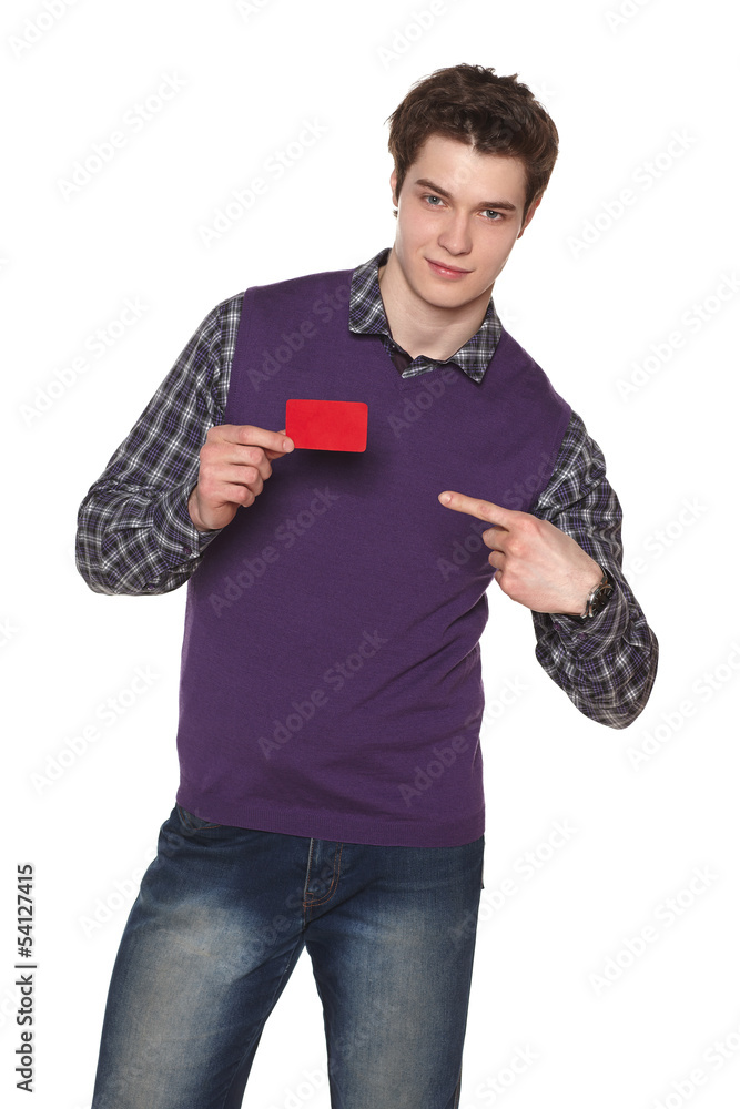 Man showing pointing at blank credit card Man showing pointing at blank credit card