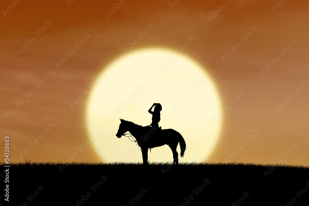 Horse rider silhouette at sunset