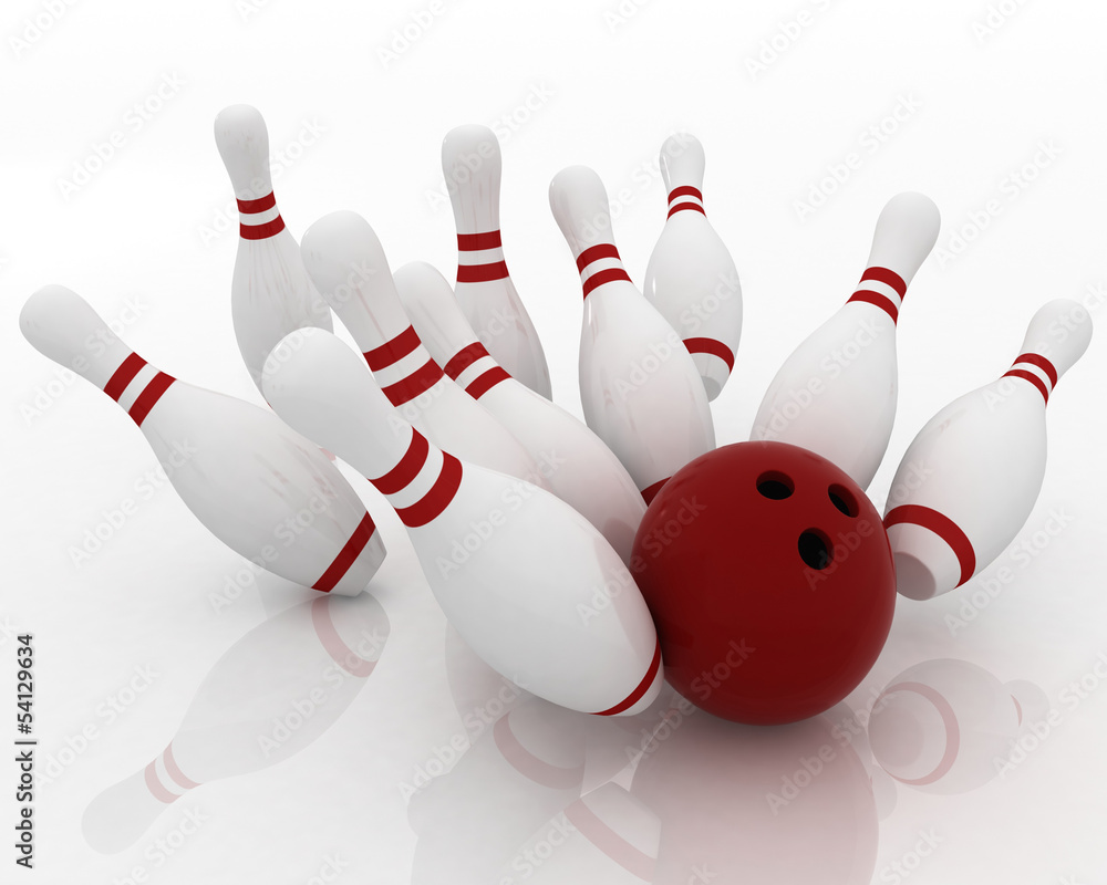 3d render of bowling ball crashing into the pins on white 3d render of bowling ball crashing into the pins on white