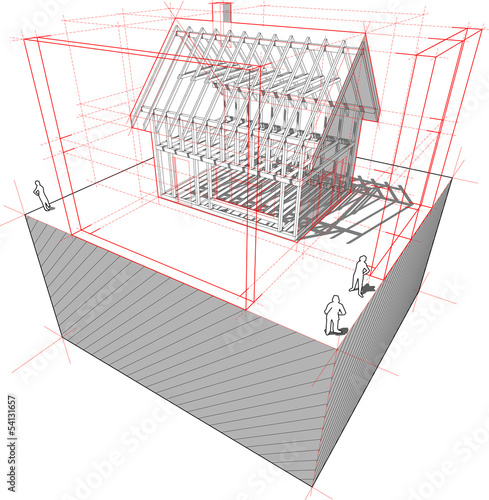 framework construction of a detached house with 3D dimensions
