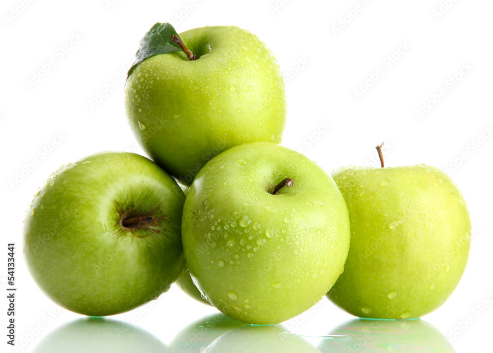 Ripe green apples with leaves isolated on white Ripe green apples with leaves isolated on white