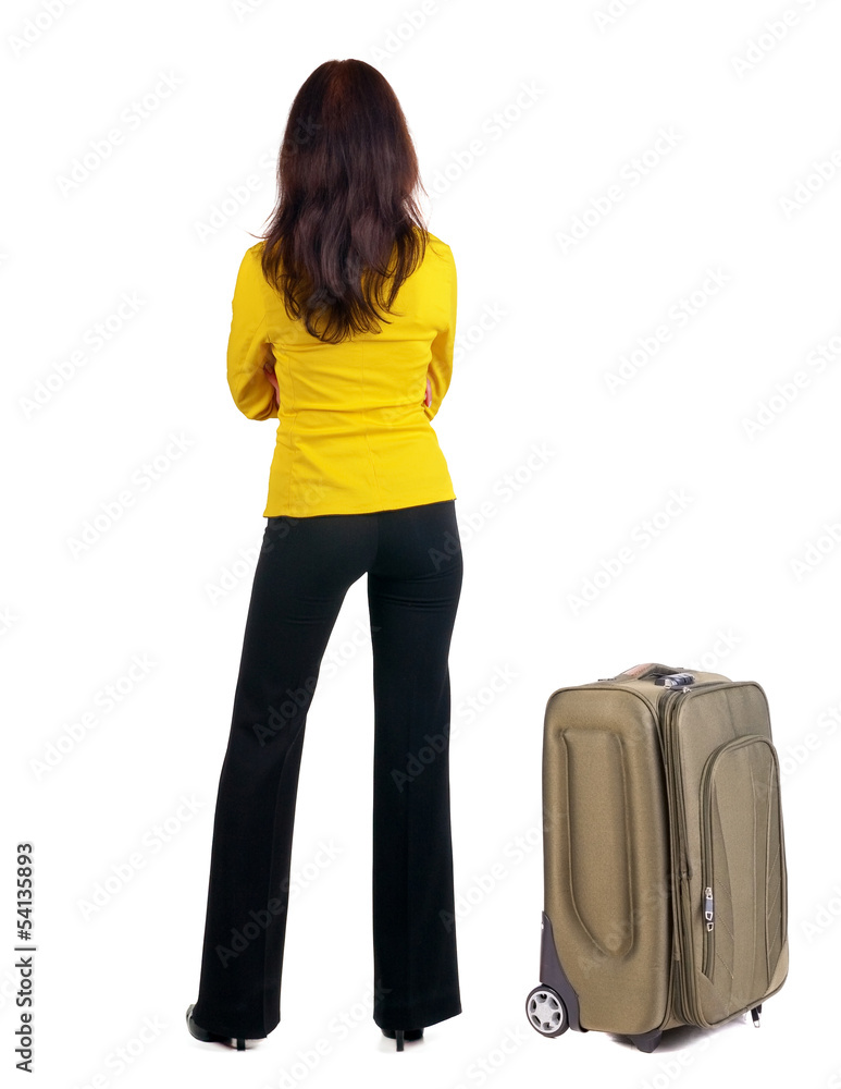 Back view of business woman with suitcase Back view of business woman with suitcase