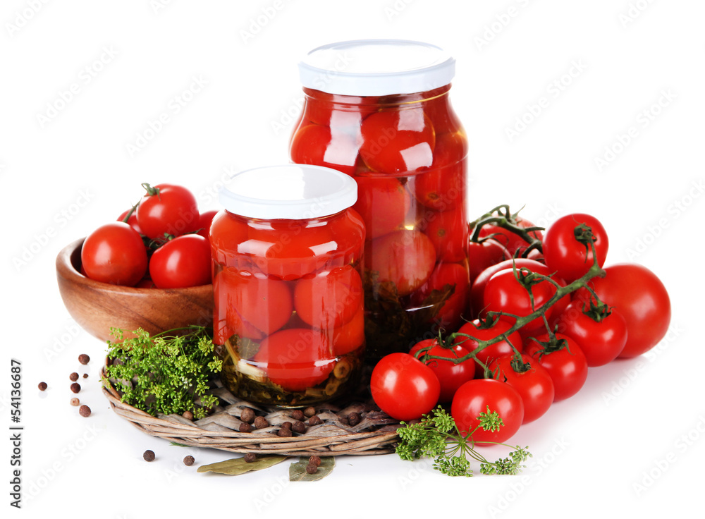Tasty canned and fresh tomatoes, isolated on white Tasty canned and fresh tomatoes, isolated on white