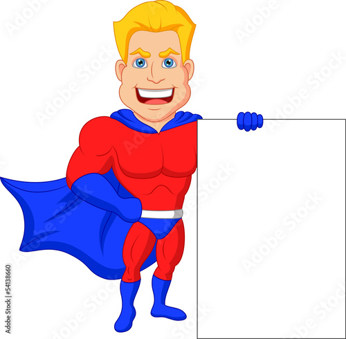 Superhero cartoon with blank sign