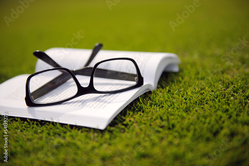 Fototapeta Naklejka Na Ścianę i Meble -  Glasses on a book outside with grass