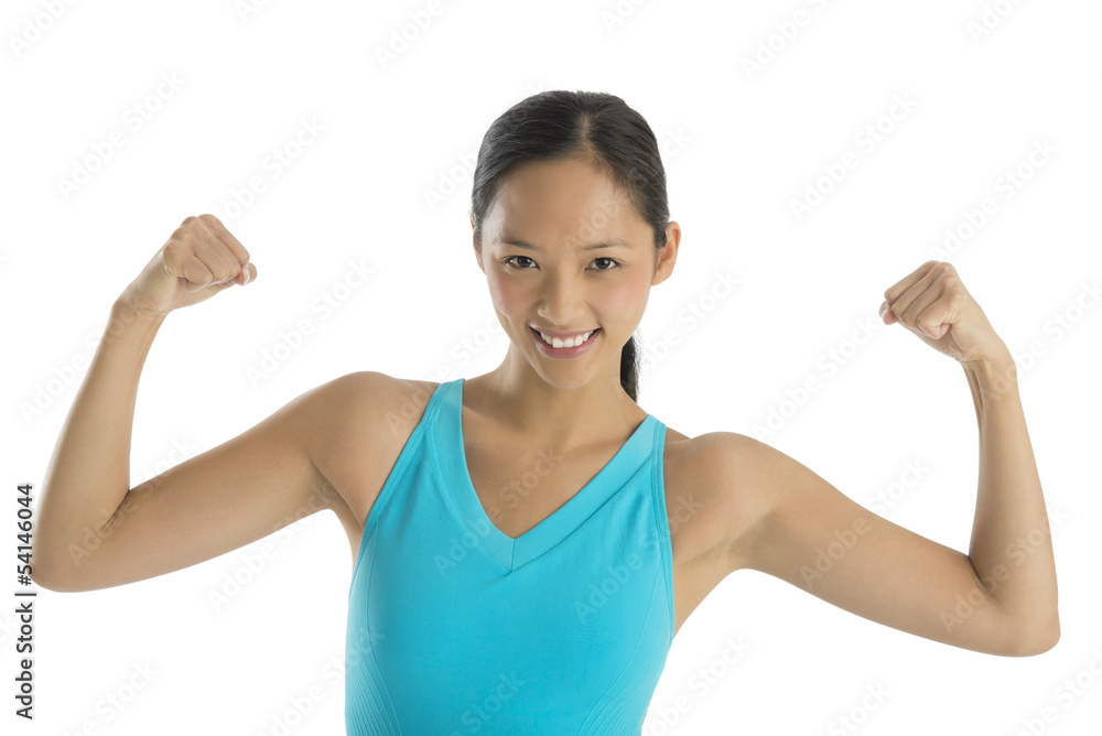 Portrait Of Happy Woman Flexing Her Muscles Portrait Of Happy Woman Flexing Her Muscles
