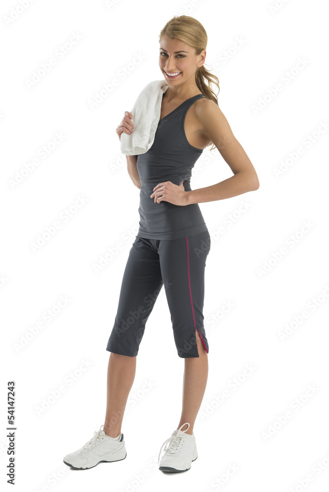 Fit Young Woman In Sports Clothing With Towel Fit Young Woman In Sports Clothing With Towel