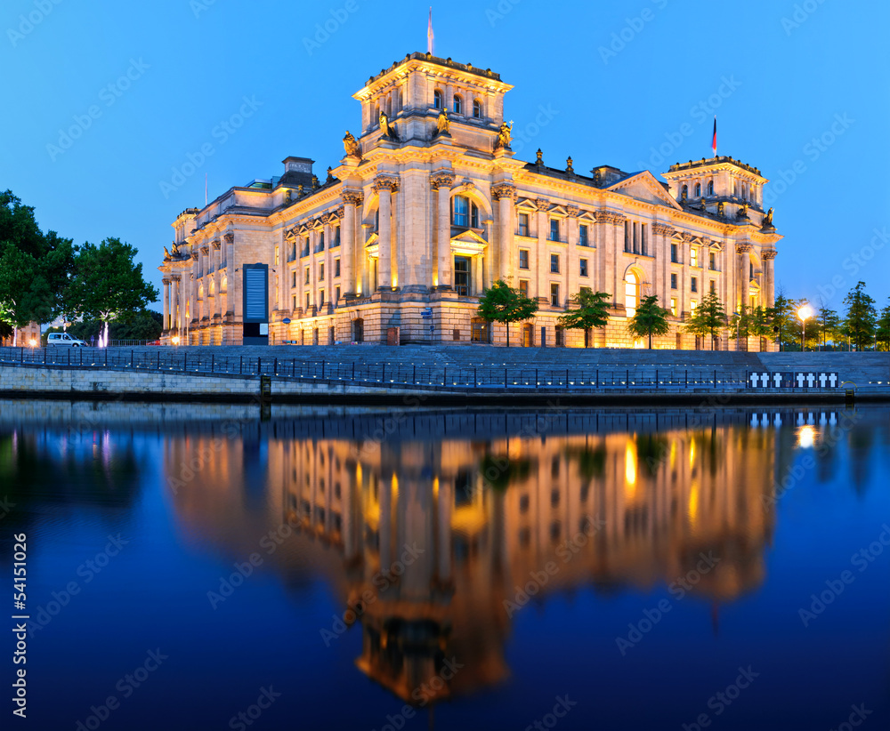 Reichstag building in Berlin, Germany, at night