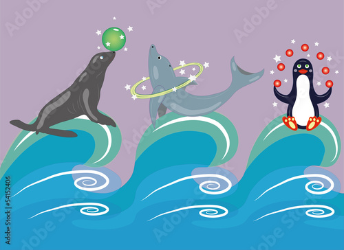 Circus animals on waves.