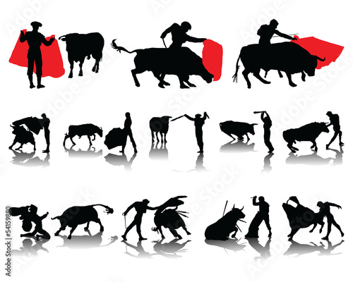 Vector collection of matador and bull-silhouettes and shadows photo