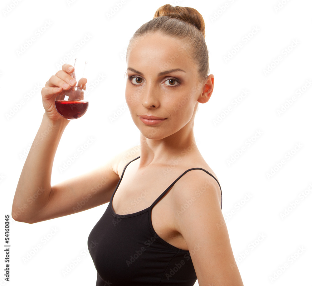 woman drinking a red liquid, isolated on white woman drinking a red liquid, isolated on white