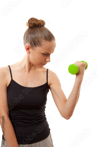 Woman doing fitness exercise with dumbbells, isolated