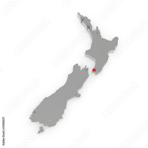 Three-dimensional map of New Zealand.