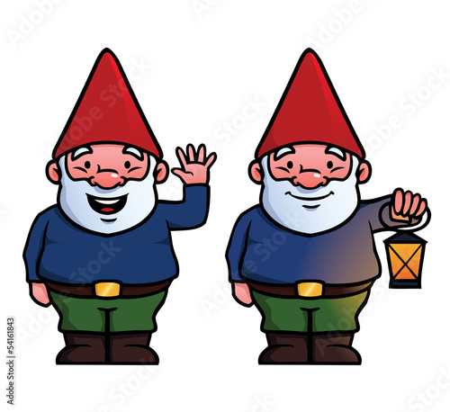 Two garden gnomes, one waving and one holding a lamp.