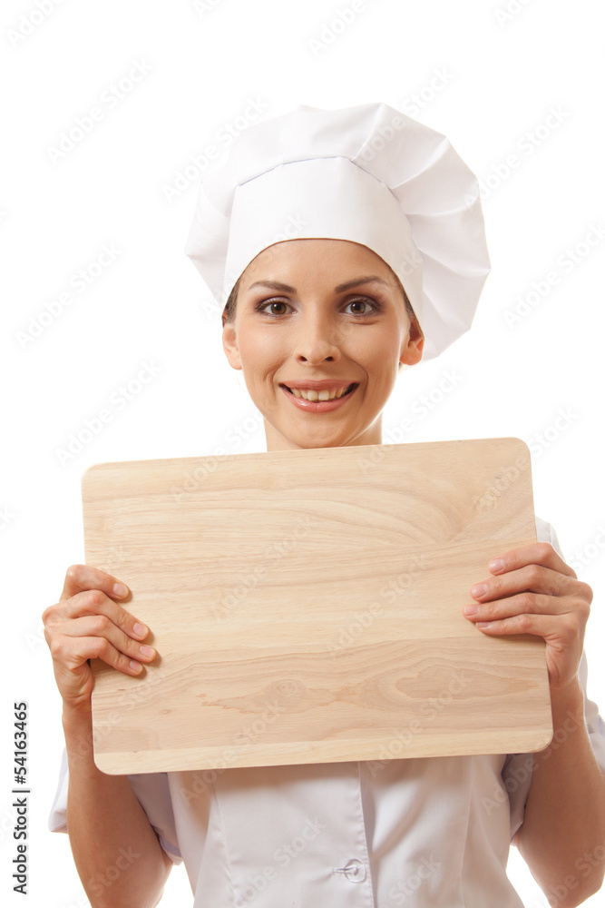 Chef In Uniform With Cutting Board Isolated On White Background Chef In Uniform With Cutting Board Isolated On White Background