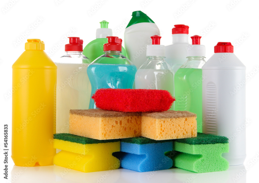 Different kinds of kitchen cleaners and colorful sponges, Different kinds of kitchen cleaners and colorful sponges,