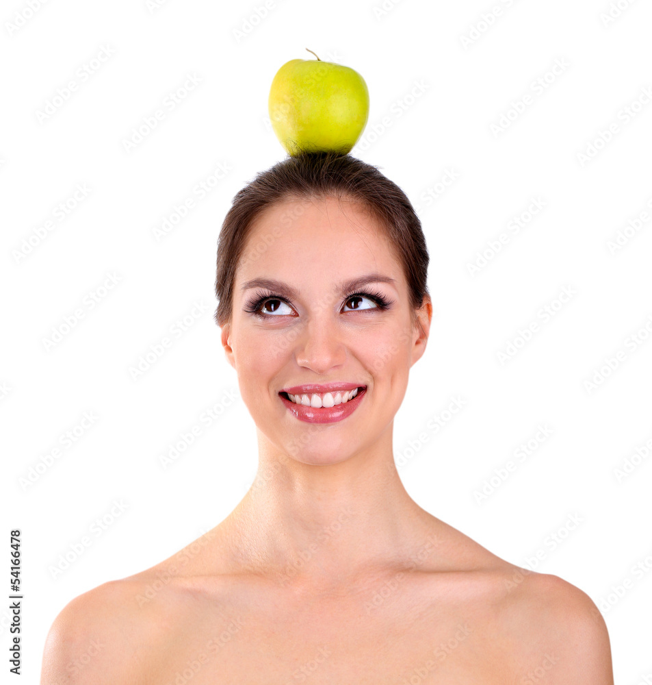 Smiling woman with apple isolated on white Smiling woman with apple isolated on white