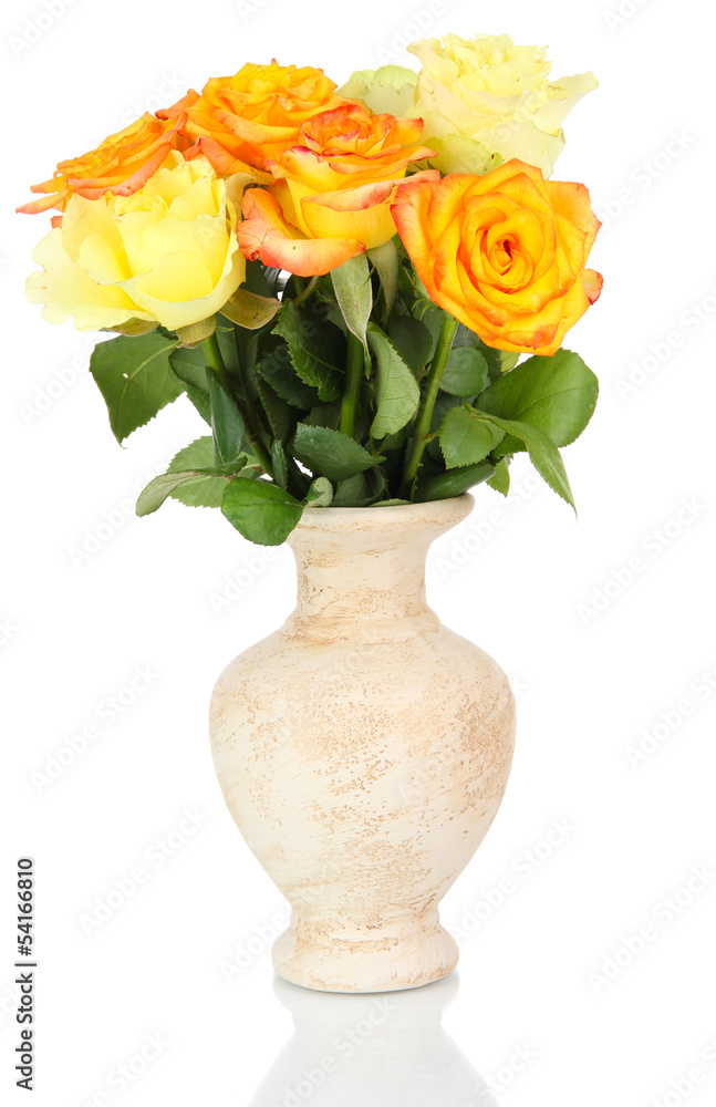 Beautiful bouquet of roses in vase isolated on white Beautiful bouquet of roses in vase isolated on white