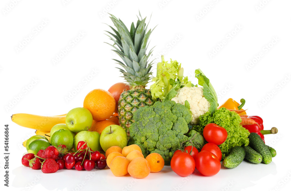 Assortment of fresh fruits and vegetables, isolated on white Assortment of fresh fruits and vegetables, isolated on white