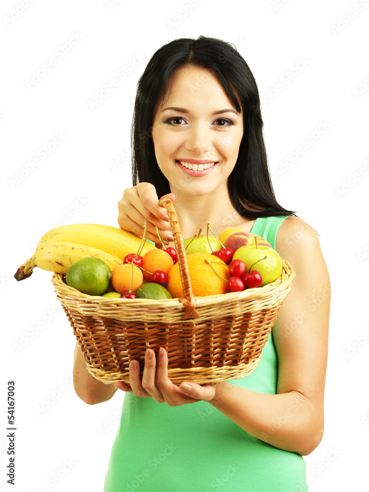 Girl with fresh fruits isolated on white Girl with fresh fruits isolated on white