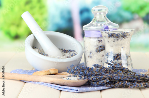 Still life with jar of lavender sugar, mortar and fresh