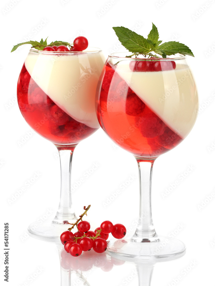 fruit jelly with chocolate and berries in glasses isolated fruit jelly with chocolate and berries in glasses isolated
