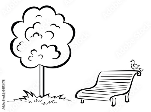 Bird on park bench and tree, contour