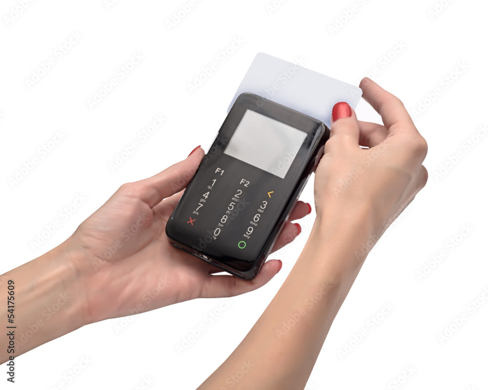 payment terminal, card and hand on white background isolated payment terminal, card and hand on white background isolated