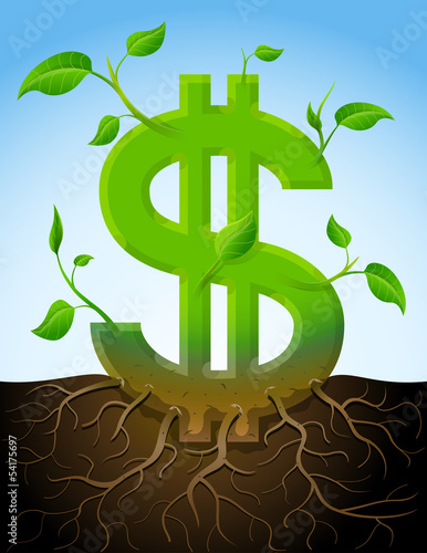 Growing dollar symbol like plant with leaves and roots in ground