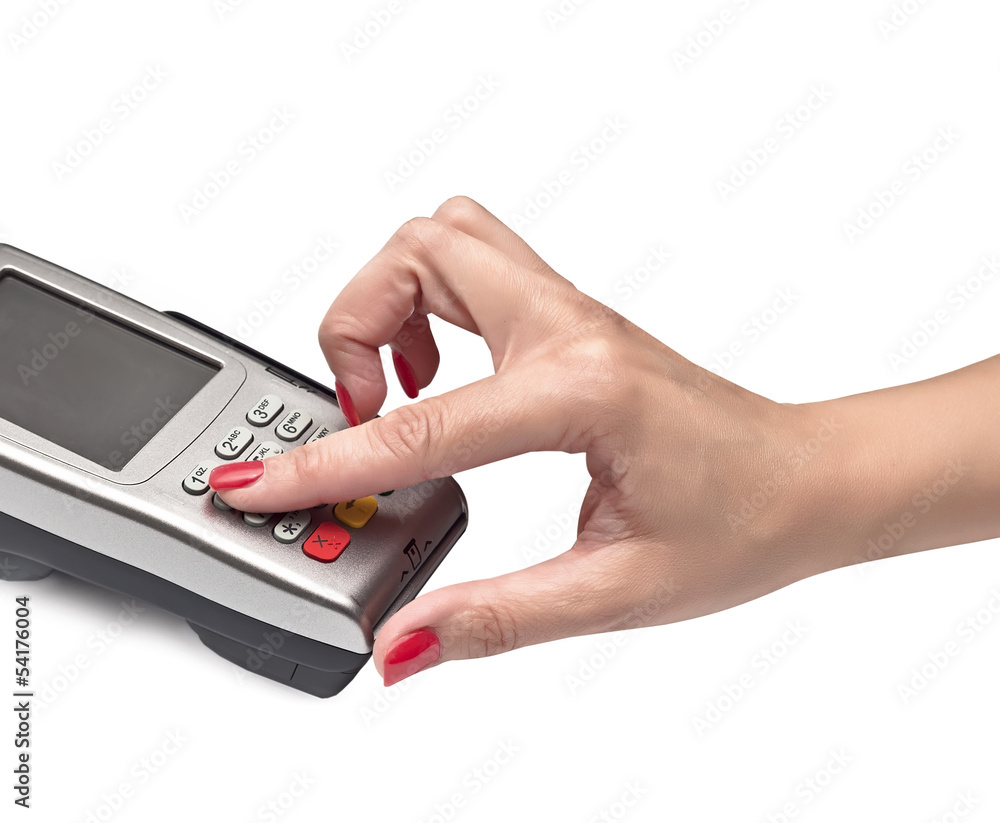 payment terminal, enter PIN on white background isolated payment terminal, enter PIN on white background isolated