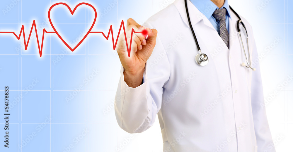 Medical doctor draws cardiogram on blue background Medical doctor draws cardiogram on blue background