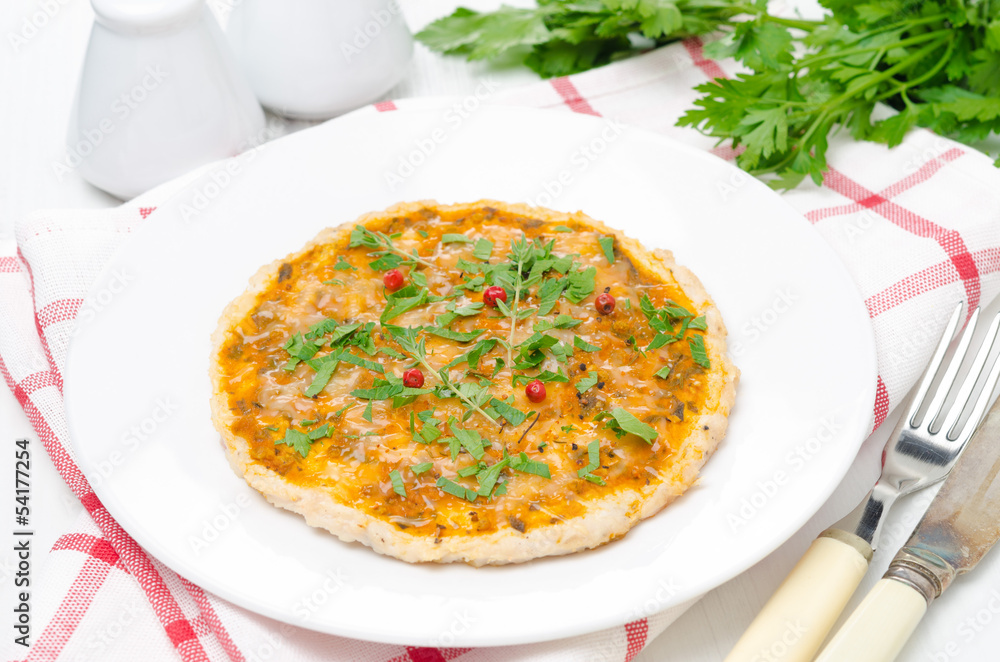 chicken pizza with tomato sauce, cheese and herbs on a plate chicken pizza with tomato sauce, cheese and herbs on a plate