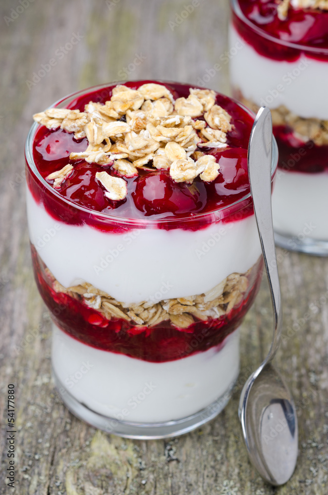 layered dessert with yogurt, granola and cherry, close-up layered dessert with yogurt, granola and cherry, close-up