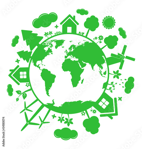 Green ecology icons over planet