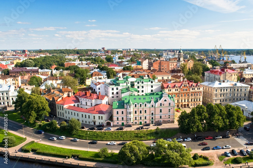 Panorama of old Vyborg town with port